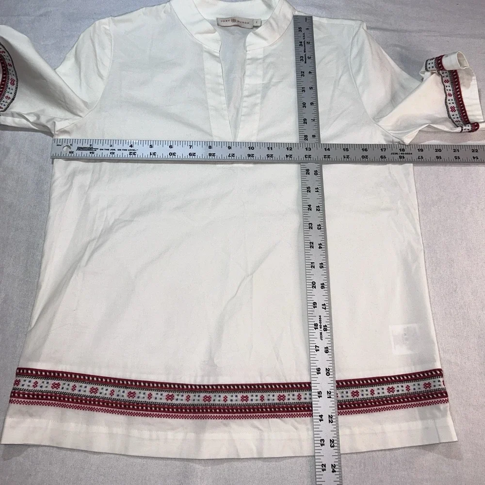 Tory Burch white poplin/red embroidery popover blouse, Size 0